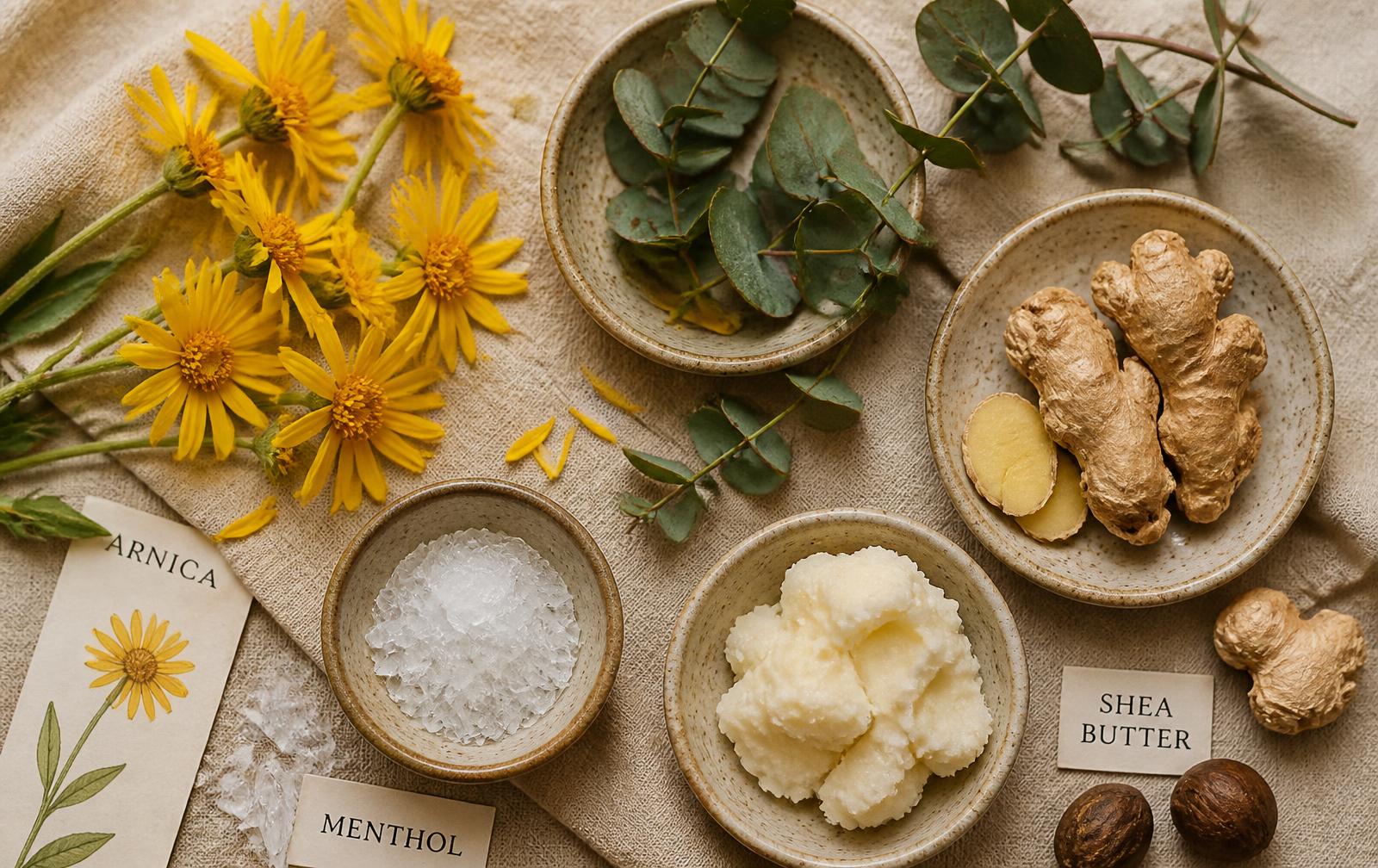 Botanical ingredients arranged in ceramic dishes on beige linen