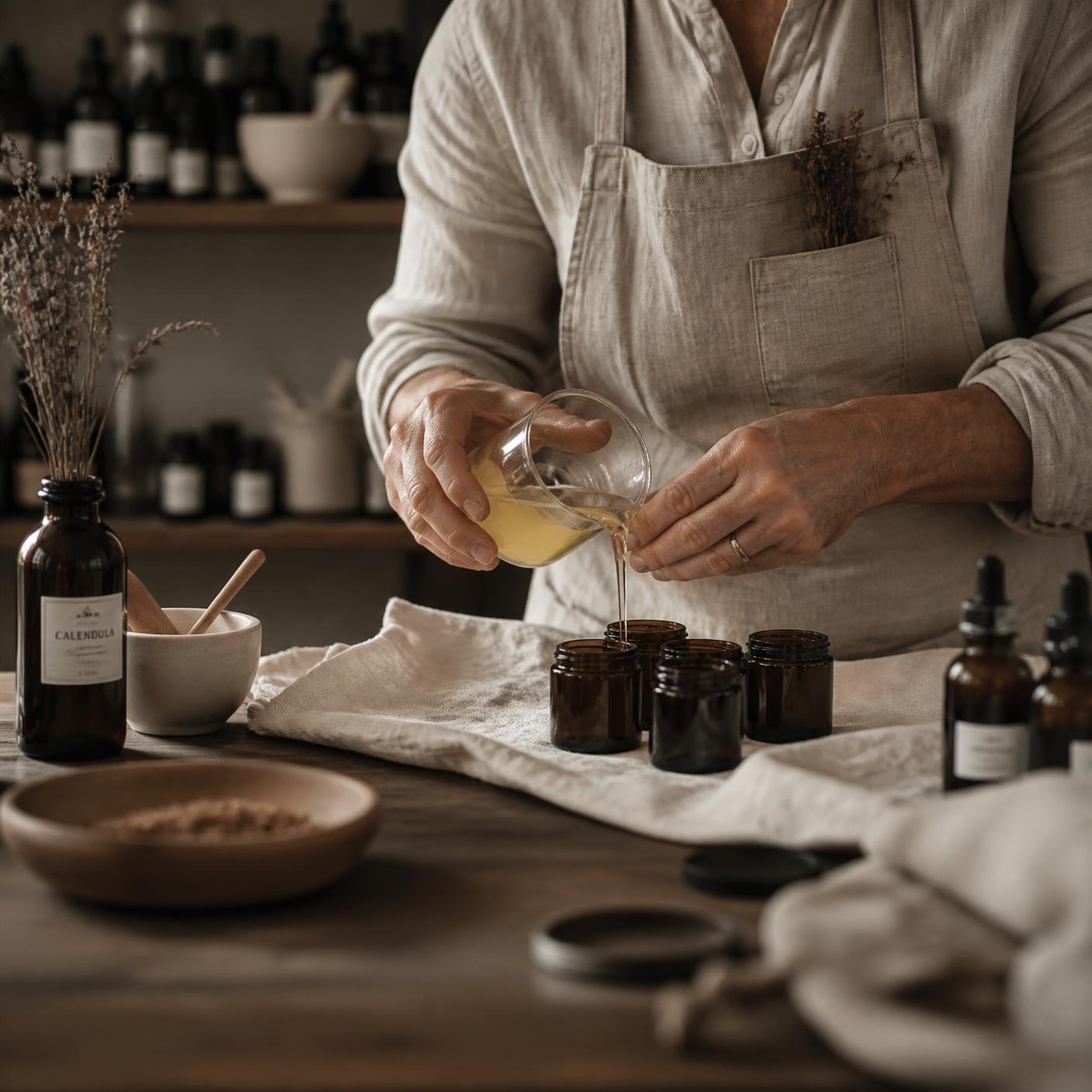 Artisan pouring an organic balm into amber jars in a warm workshop