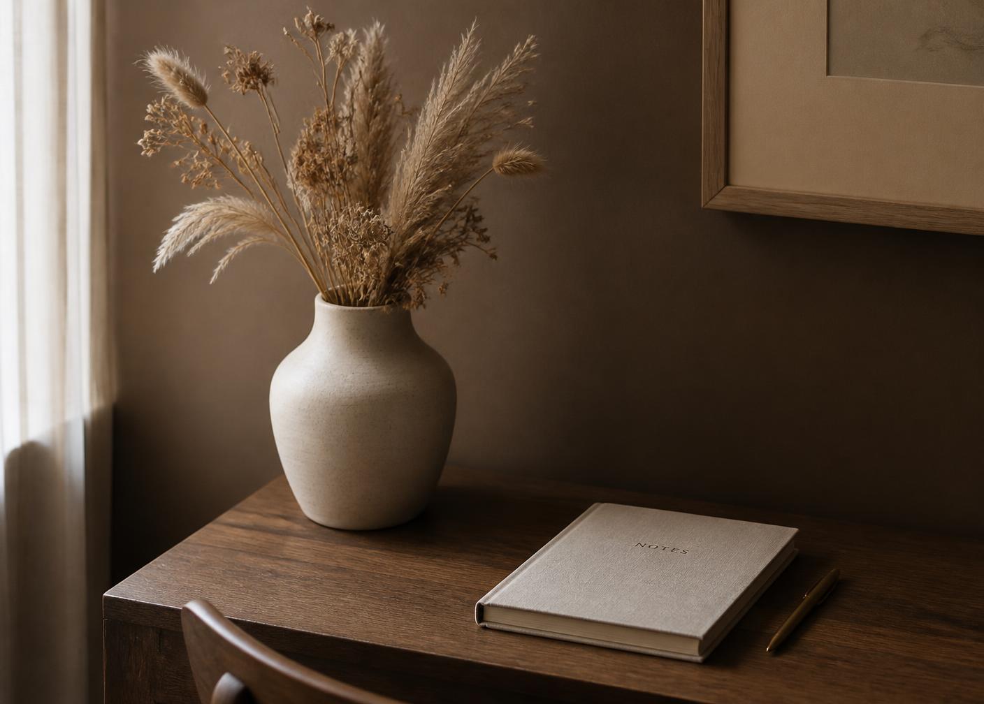 Warm interior corner with dried grasses in a stoneware vase on a wooden desk