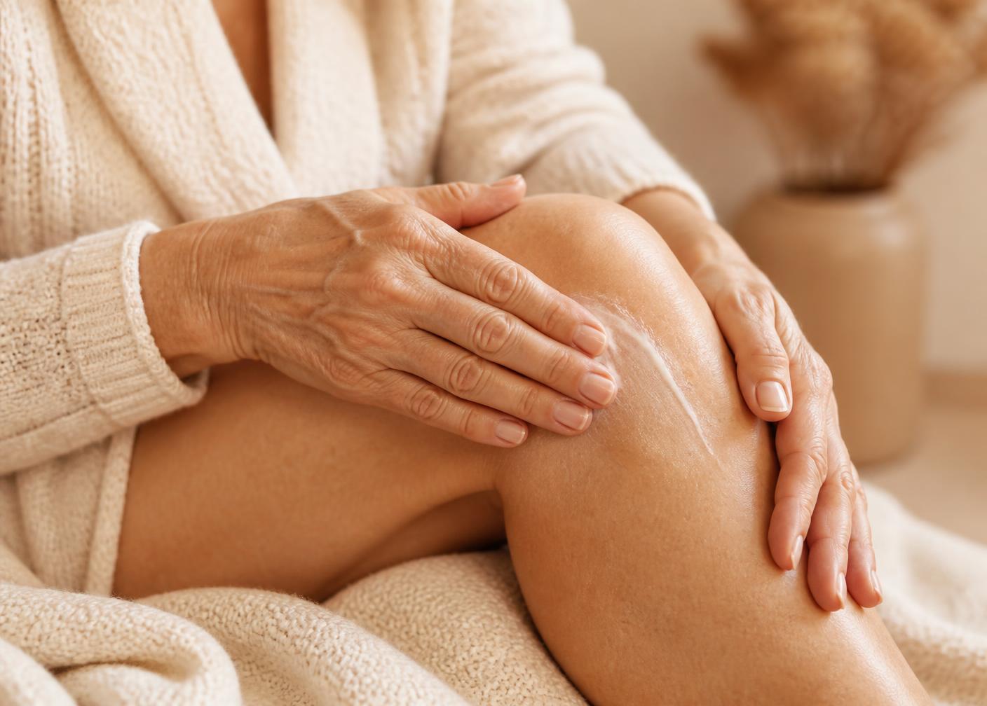 Hands gently massaging cream into a knee while seated with a soft blanket