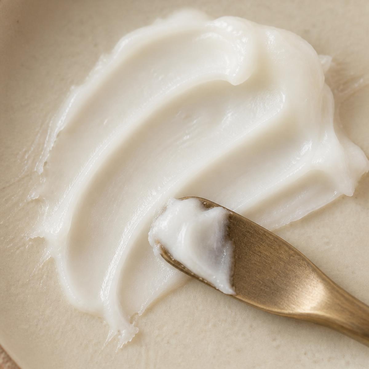 Close-up of the silky organic balm texture with a bronze spatula
