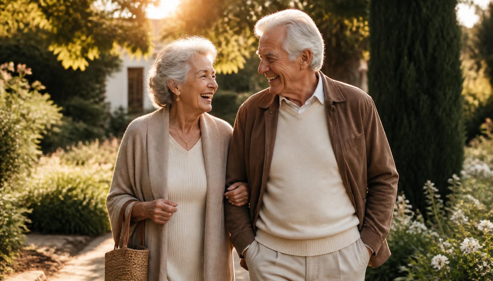 Older couple walking together in a sunlit garden